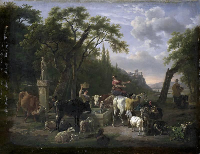 Demarne, Jean Louis -- Italiaans landschap met herders en vee bij een drenkplaats, 1780-1810