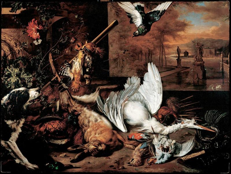 Dirk Valkenburg - Still-life with a Dead Heron and a Dog barking at a Bird, 1698-99