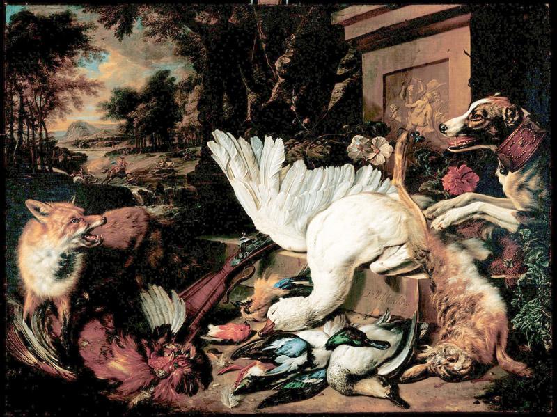 Dirk Valkenburg - Still-life with a Dead Swan and a Dog chasing a Fox, 1698-99