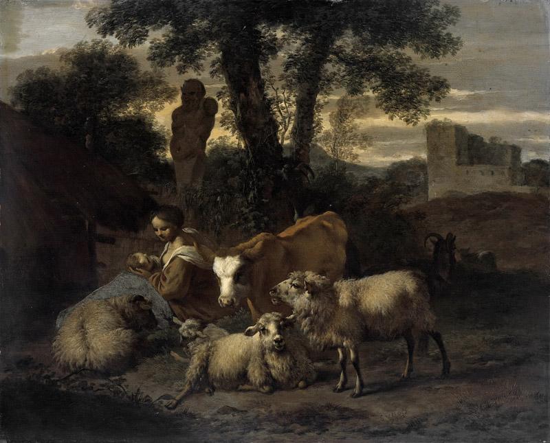 Does, Simon van der -- Italiaans landschap met herderin en vee, 1708