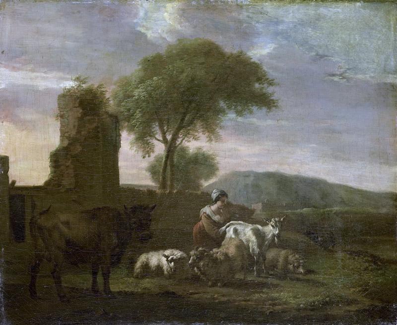Does, Simon van der -- Italiaans landschap met herderin en vee, 1712