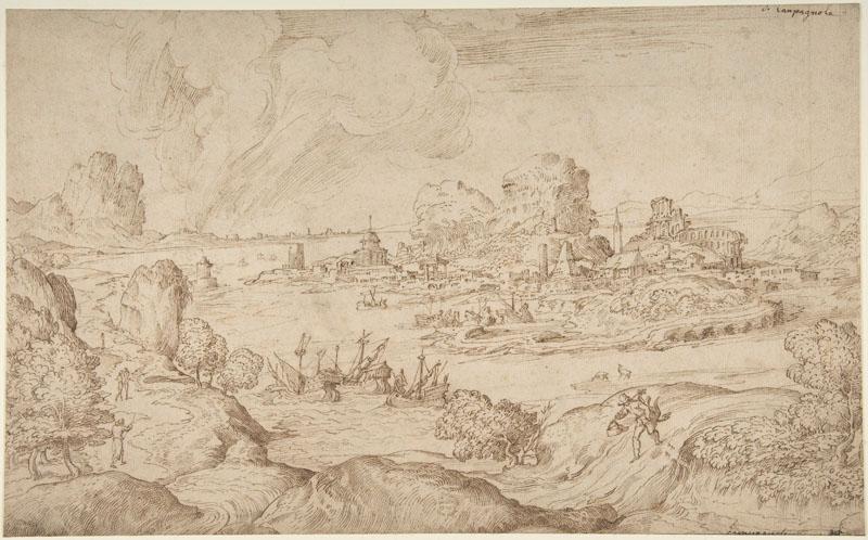 Domenico Campagnola--Imaginary Coastal Landscape with Ruins