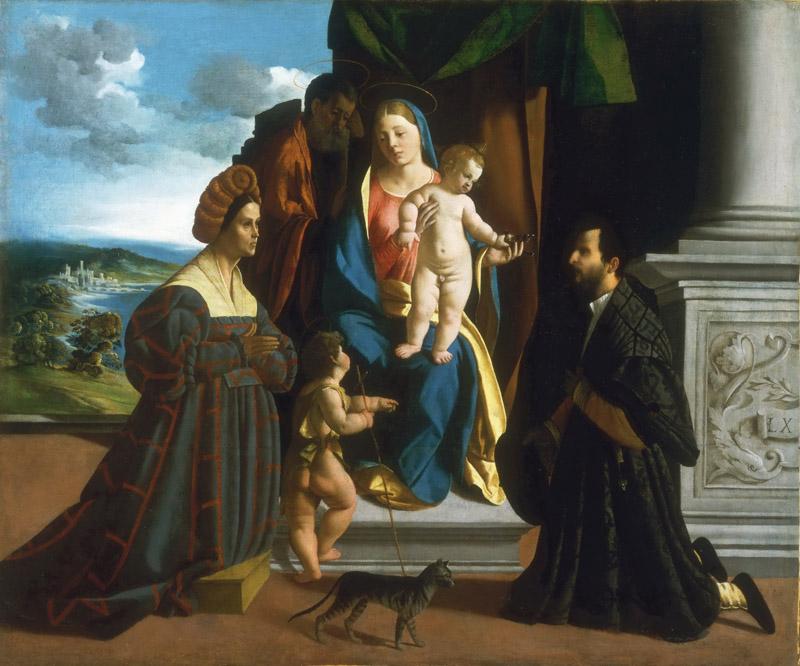 Dosso Dossi (Giovanni de Luteri), Italianfirst recorded 1512, died 1542 -- The Holy Family, with the Young Saint John the Baptist, a Cat, and Two Donors