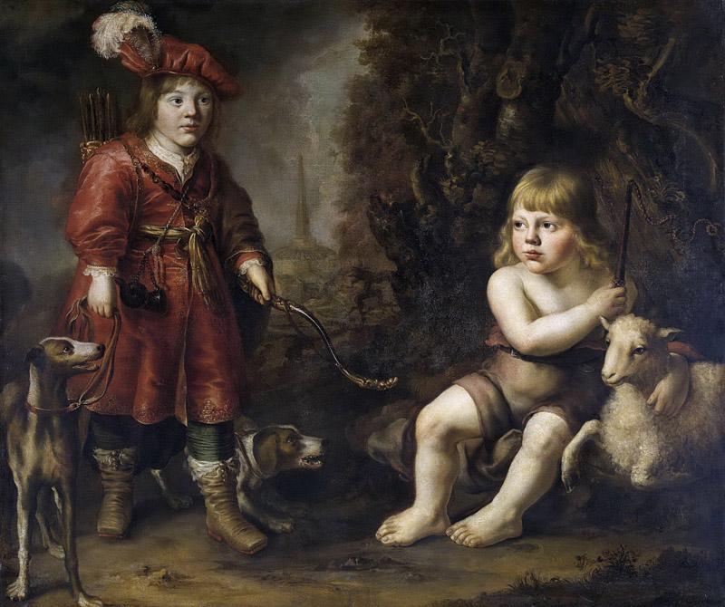 Dowe, Douwe Juwes de -- Portretten van twee jongens in een landschap, de een gekleed als jager, de ander als Johannes de Doper, 1647