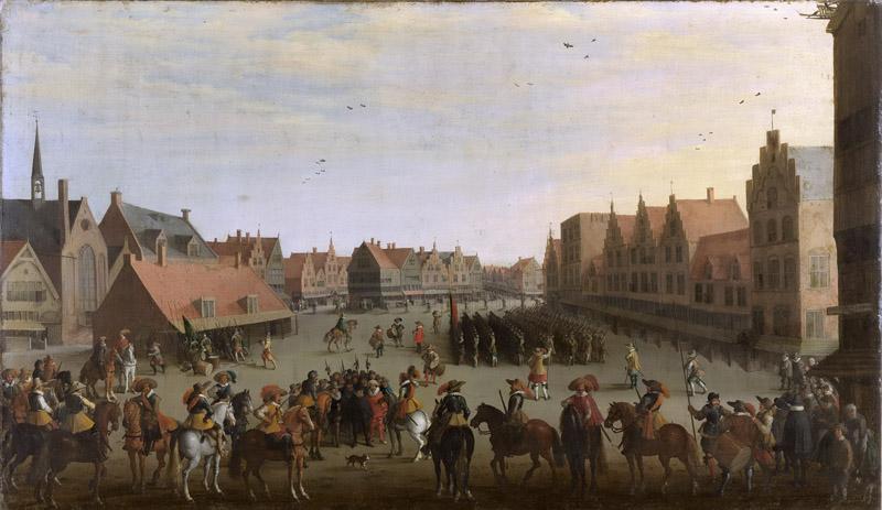 Droochsloot, Joost Cornelisz. -- Het afdanken der waardgelders door prins Maurits op de Neude te Utrecht, 31 juli 1618