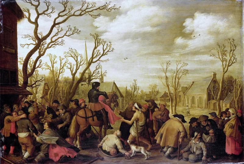 Droochsloot, Joost Cornelisz. -- Sint Maarten snijdt een stuk van zijn jas af om aan een bedelaar te geven, 1623