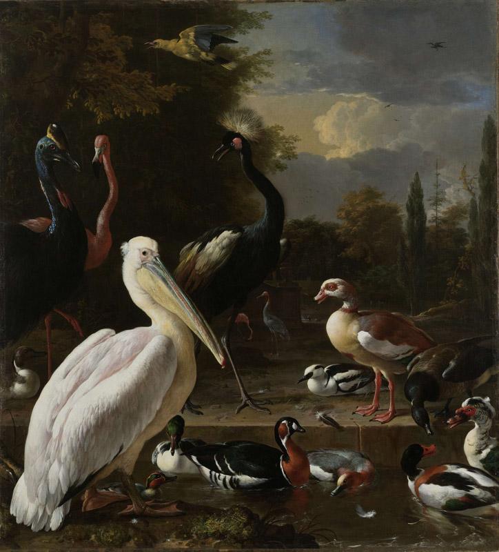Een pelikaan en ander gevogelte bij een waterbassin, bekend als Het drijvend veertje, Melchior d  Hondecoeter, ca. 1680