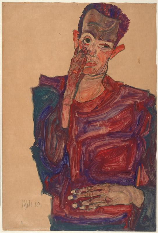 Egon Schiele (1890-1918)-Self-Portrait with Eyelid Pulled Down,