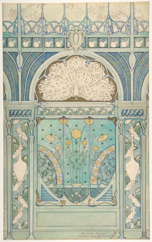 Emile Hurtre--Design for a Wall Decoration with Peacock, Cranes