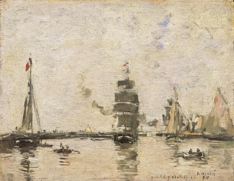 Eugene-Louis Boudin, French, 1824-1898 -- Boats in Trouville Harbor