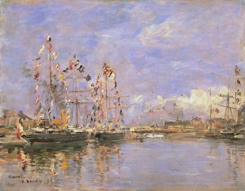 Eugene-Louis Boudin, French, 1824-1898 -- Deauville, Flag-Decked Ships in the Inner Harbor