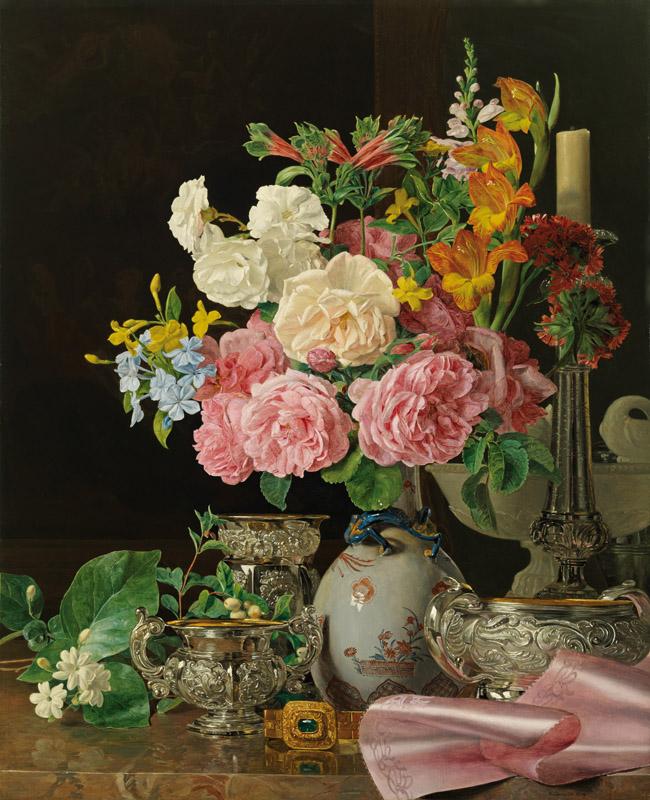 Ferdinand Georg Waldmuller - Flowers in a Porcelain Vase with Candlestick and Silver Vessels, 183