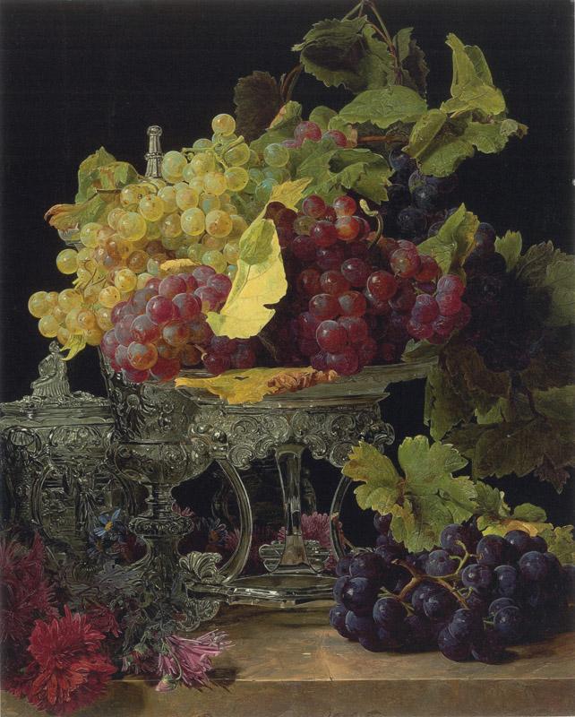 Ferdinand Georg Waldmuller - Red and White Grapes with Silver Tableware, 1841