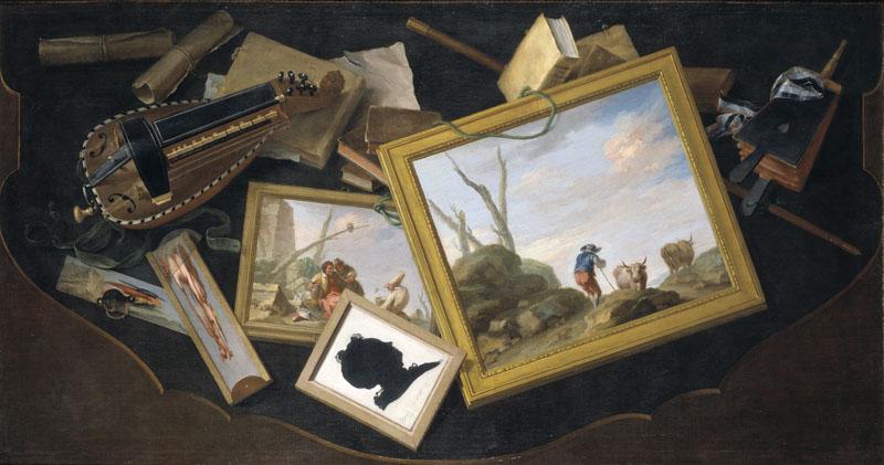 Flipart, Charles Joseph-Mesa revuelta con pinturas, zanfonia, libros y otros objetos