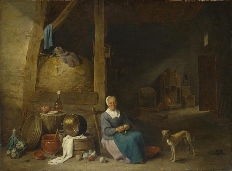 Follower of David Teniers the Younger - An Old Woman peeling Pears