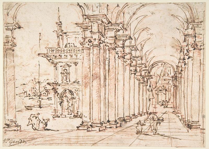 Francesco Guardi--Architectural Capriccio Vaulted Colonnade of a Palace