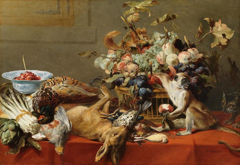 Frans Snyders - Still Life with Fruit, Dead Game, Vegetables, a Live Monkey, Squirrel and Cat