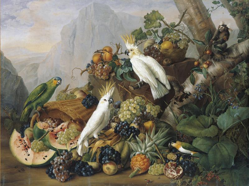 Franz Xaver Petter - Still Life with Fruit and Parrots, 1827