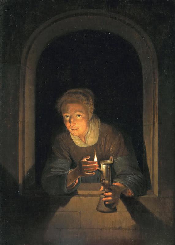 Gerrit Dou - Young Woman Holding a Lamp