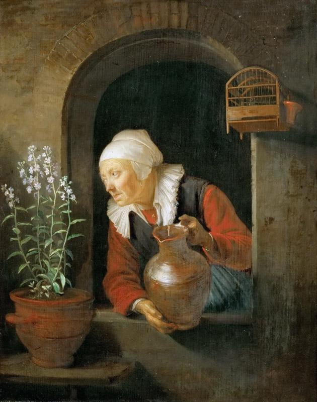 Gerrit Dou -- Old Woman at the Window Watering her Flowers