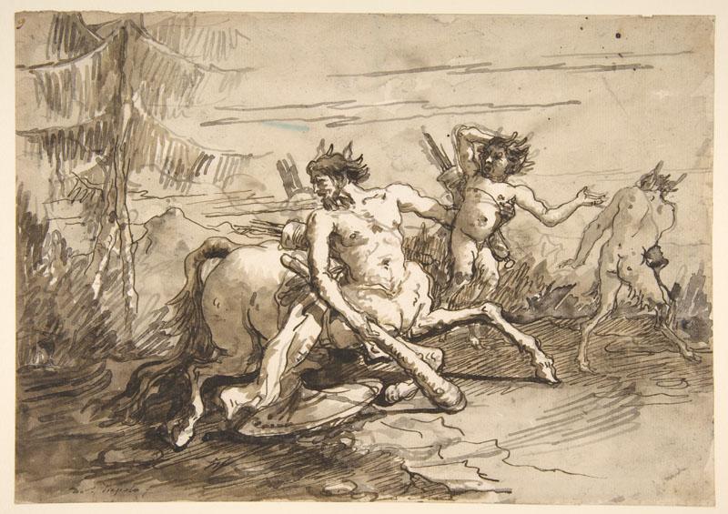 Giovanni Domenico Tiepolo--Centaur with a Club, and Two Satyrs