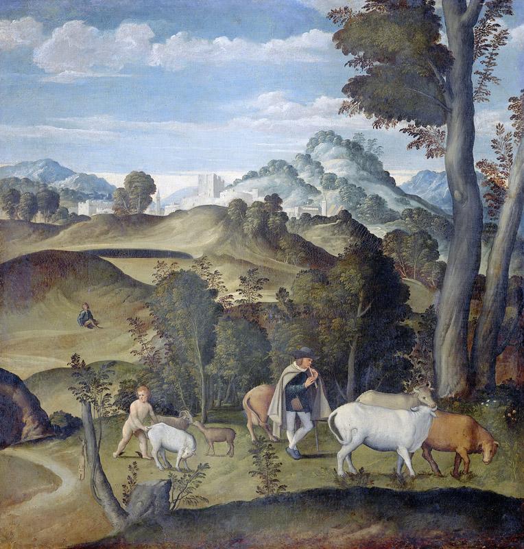 Girolamo da Santa Croce -- De jonge Mercurius steelt runderen van Apollo kudde, 1530-1550