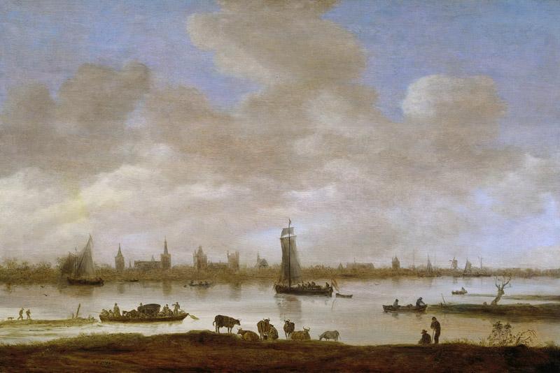 Goyen, Jan van -- Gezicht op een gefantaseerde stad aan een rivier met de toren van Saint Pol uit Vianen, 1649