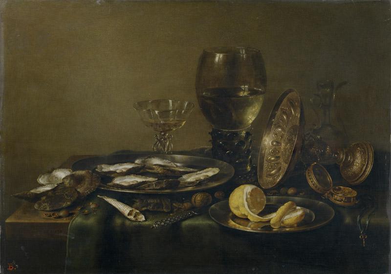 Heda, Willem Claesz.-Bodegon con tazza de plata, copa Roemer y ostras-52 cm x 73 cm