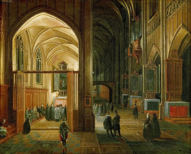 Hendrick van Steenwijck the younger -- Evening Mass in a Gothic Church