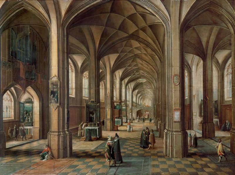 Hendrick van Steenwijck the younger -- Interior of a Church with a Family on the First Level