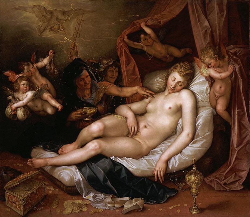 Hendrik Goltzius - The Sleeping Danae Being Prepared to Receive Jupiter