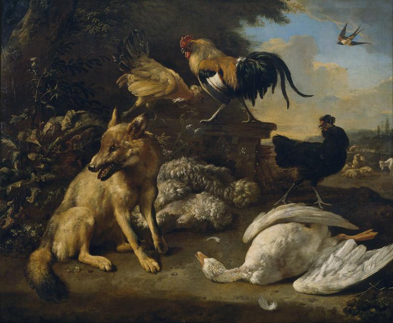 Hondecoeter, Melchior d-Bodegon con animales-141 cm x 172 cm