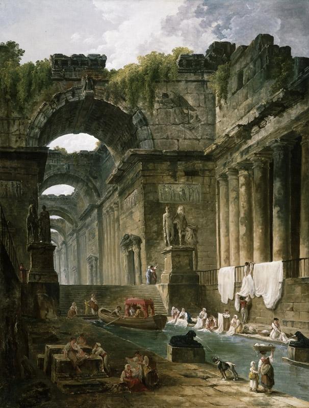 Hubert Robert, French, 1733-1808 -- Ruins of a Roman Bath with Washerwomen