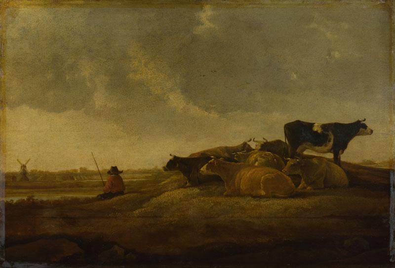 Imitator of Aelbert Cuyp - A Herdsman with Seven Cows by a River
