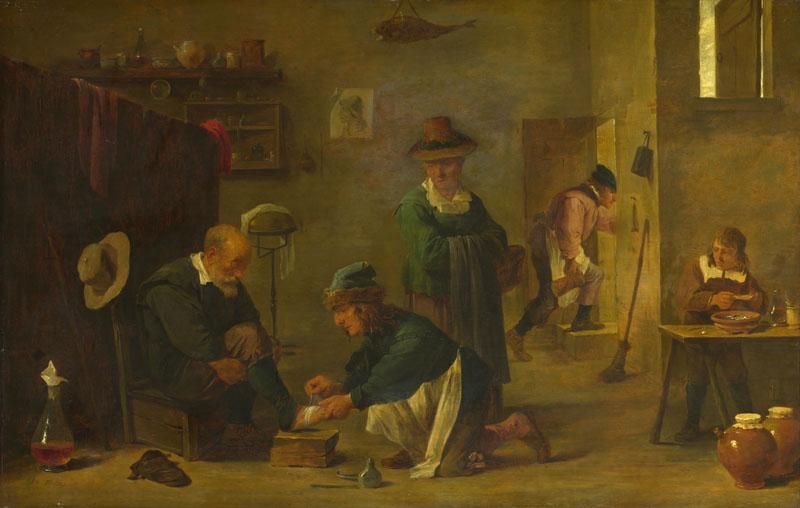 Imitator of David Teniers the Younger - A Doctor tending a Patient Foot in his Surgery