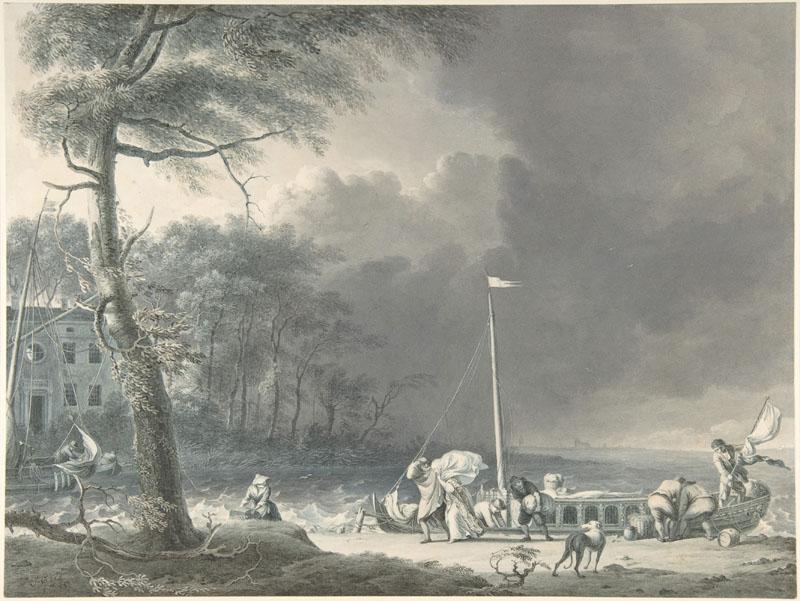 Jacob Cats--A Stormy Scene with Figures Unloading Boats