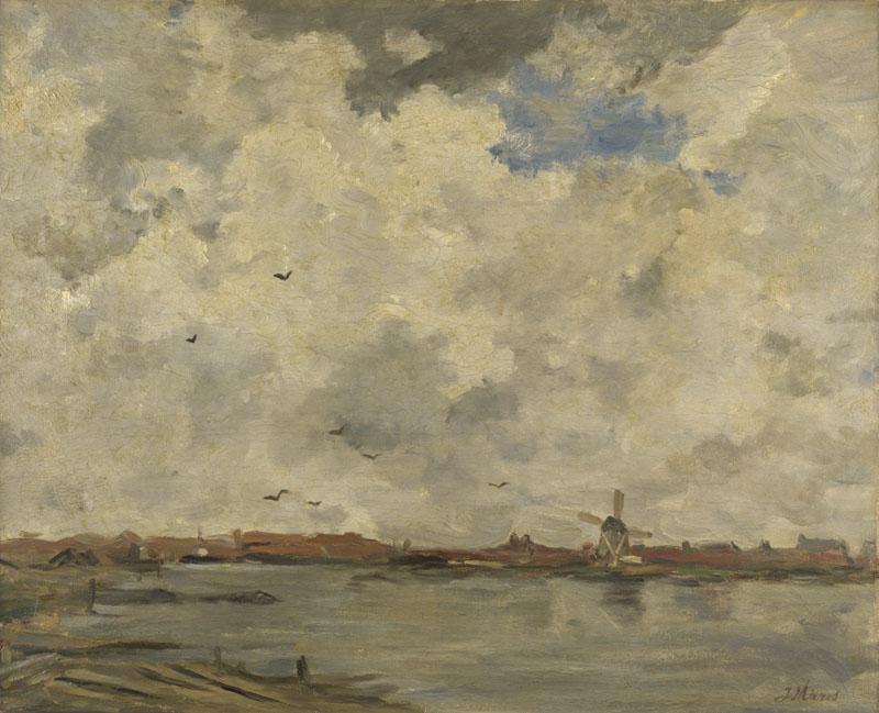 Jacob Maris - A Windmill and Houses beside Water - Stormy Sky