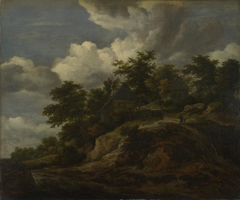 Jacob van Ruisdael - A Rocky Hill with Three Cottages, a Stream at its Foot