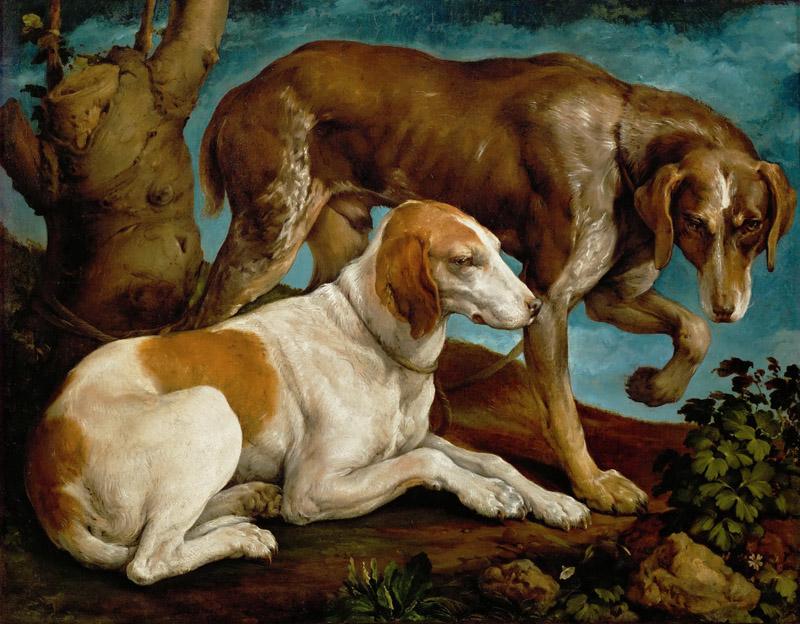 Jacopo Bassano il Vecchio (c.1510-1592) -- Two Hunting Dogs Tied to a Tree Stump