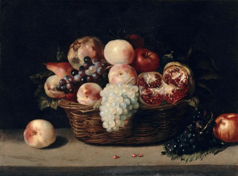 Jacques Linard -- Basket of pomegranates, peaches and grapes.