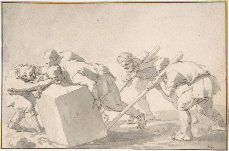 Jacques Stella--Five Men Pushing a Block of Stone