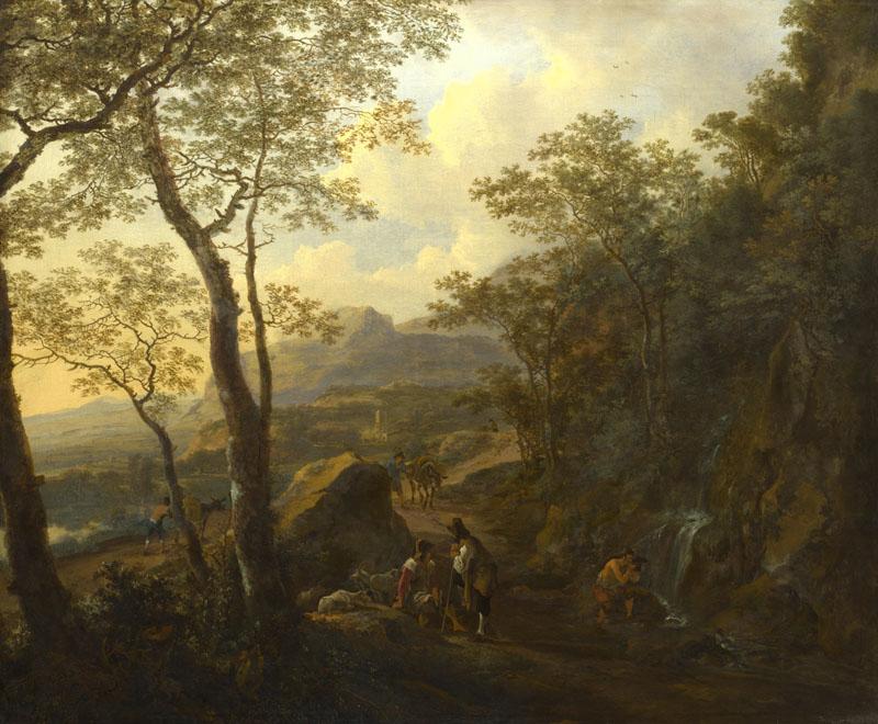 Jan Both - A Rocky Italian Landscape with Herdsmen and Muleteers