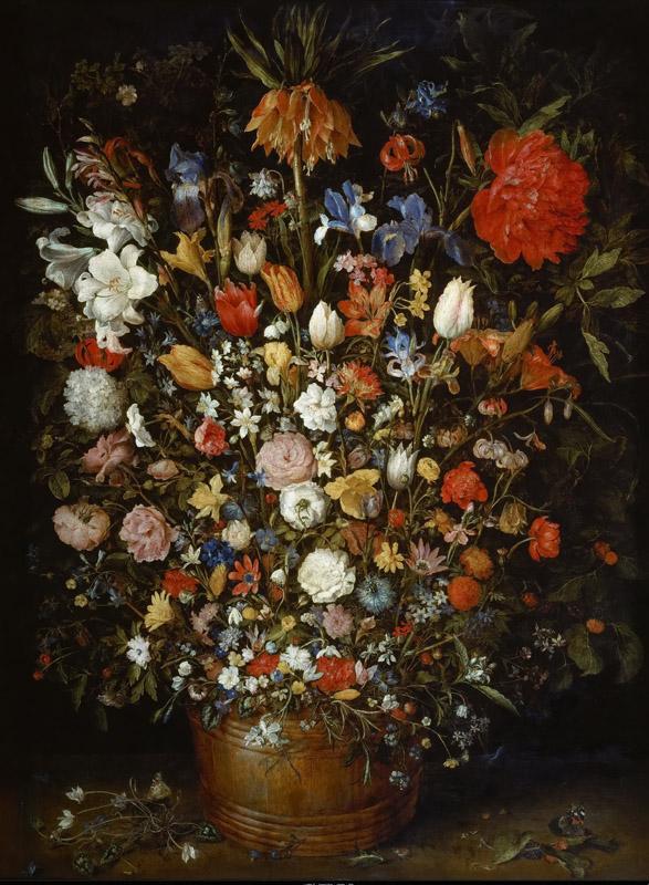Jan Brueghel the elder -- Flowers in a Wooden Vessel