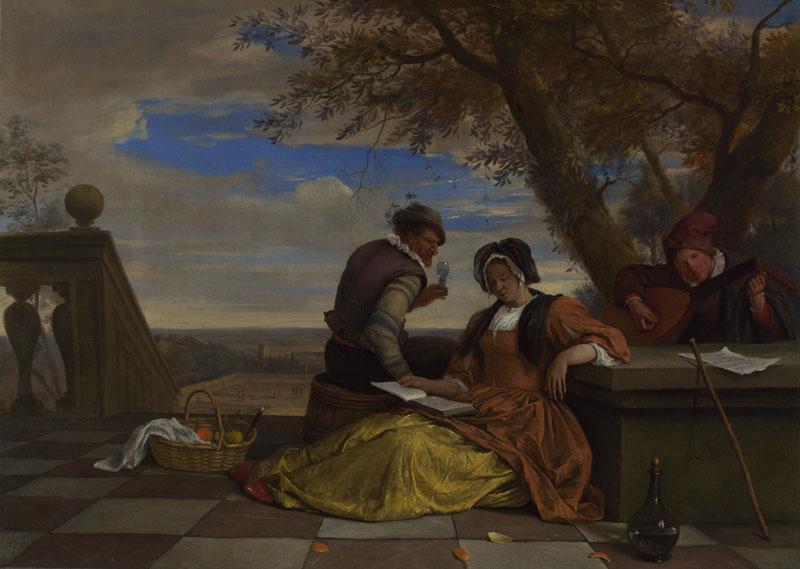 Jan Steen - Two Men and a Young Woman making Music on a Terrace
