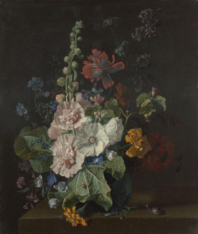 Jan van Huysum - Hollyhocks and Other Flowers in a Vase