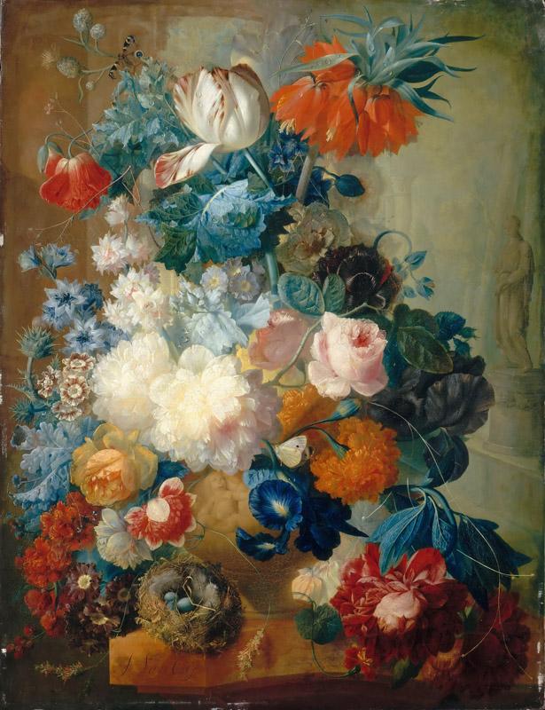 Jan van Os -- Flowers in a vase and a bird nest
