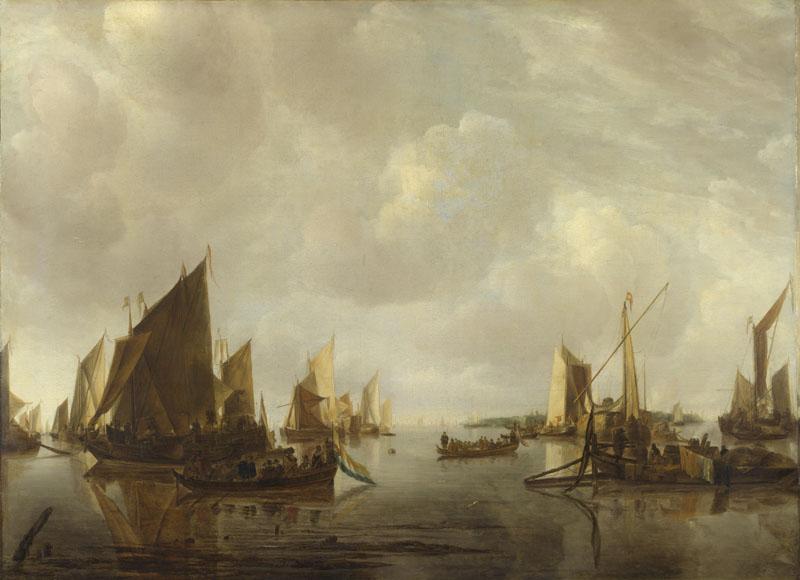 Jan van de Cappelle - A River Scene with Dutch Vessels Becalmed