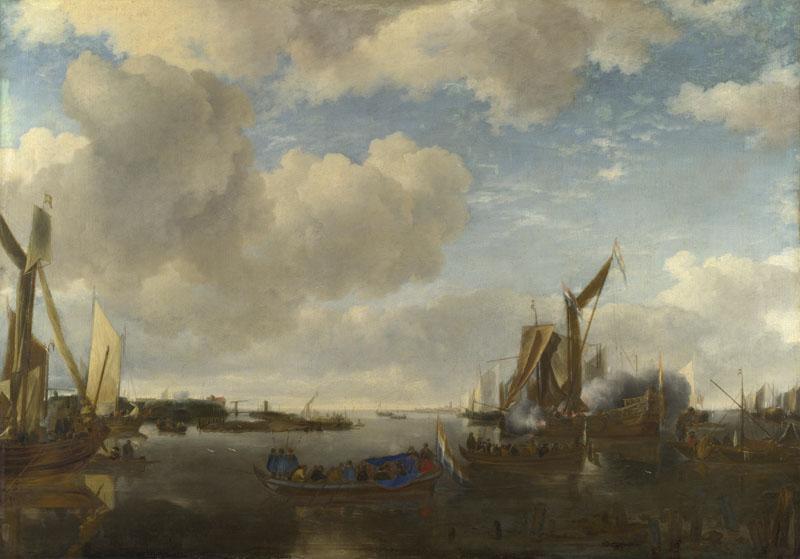 Jan van de Cappelle - A River Scene with a Dutch Yacht firing a Salute