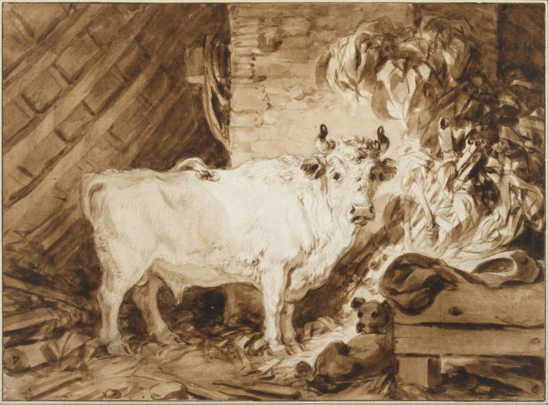 Jean-Honore Fragonard (1732-1806)-White Bull and a Dog in a Sta