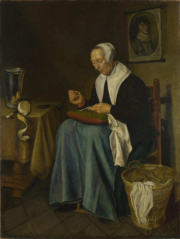 Johannes van der Aack - An Old Woman seated sewing